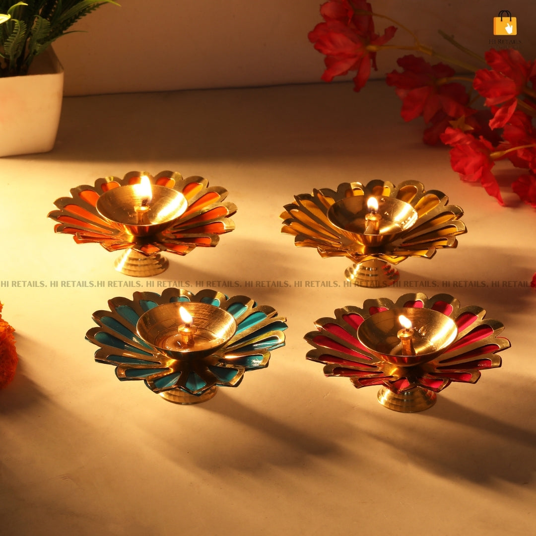 Brass Diya Set with Colorful Petal Design | Decorative Oil Lamps for Diwali and Religious Celebrations at www.hiretails.com