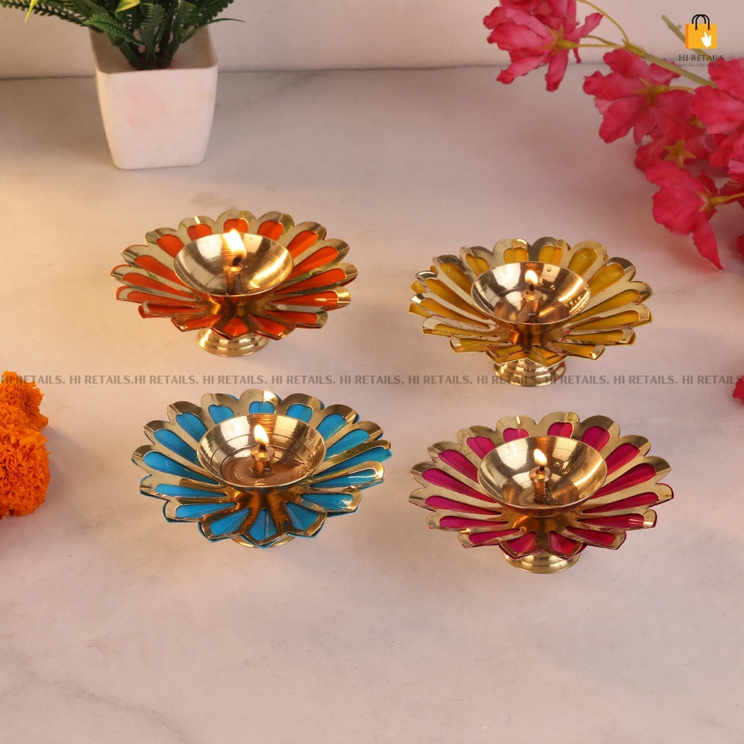 Handcrafted Brass Diya with Vibrant Blue and Red Petals | Perfect for Pooja and Home Decoration at www.hiretails.com