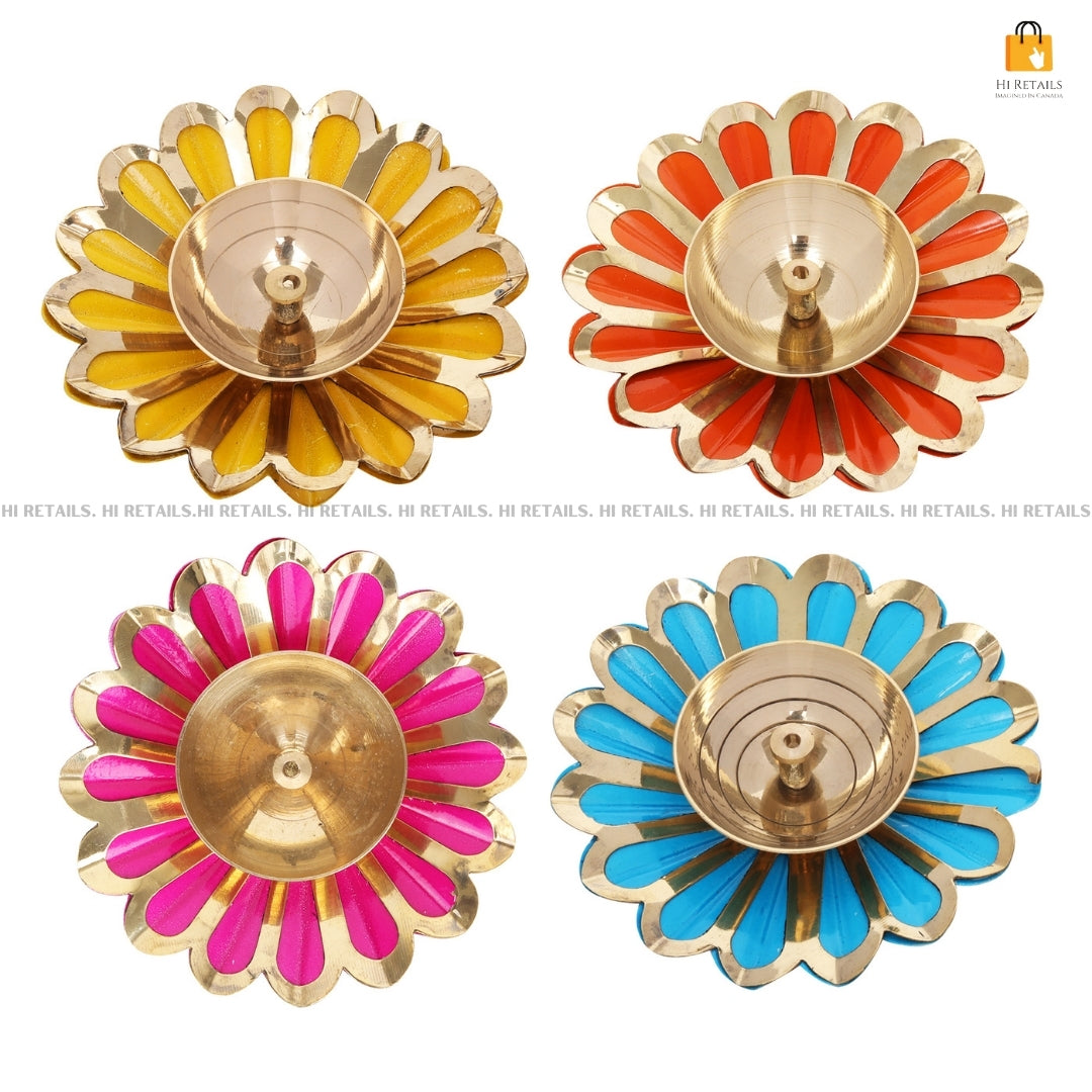 Traditional Brass Diya with Multi-Colored Petal Design | Spiritual Lighting for Pooja and Festivals at www.hiretails.com