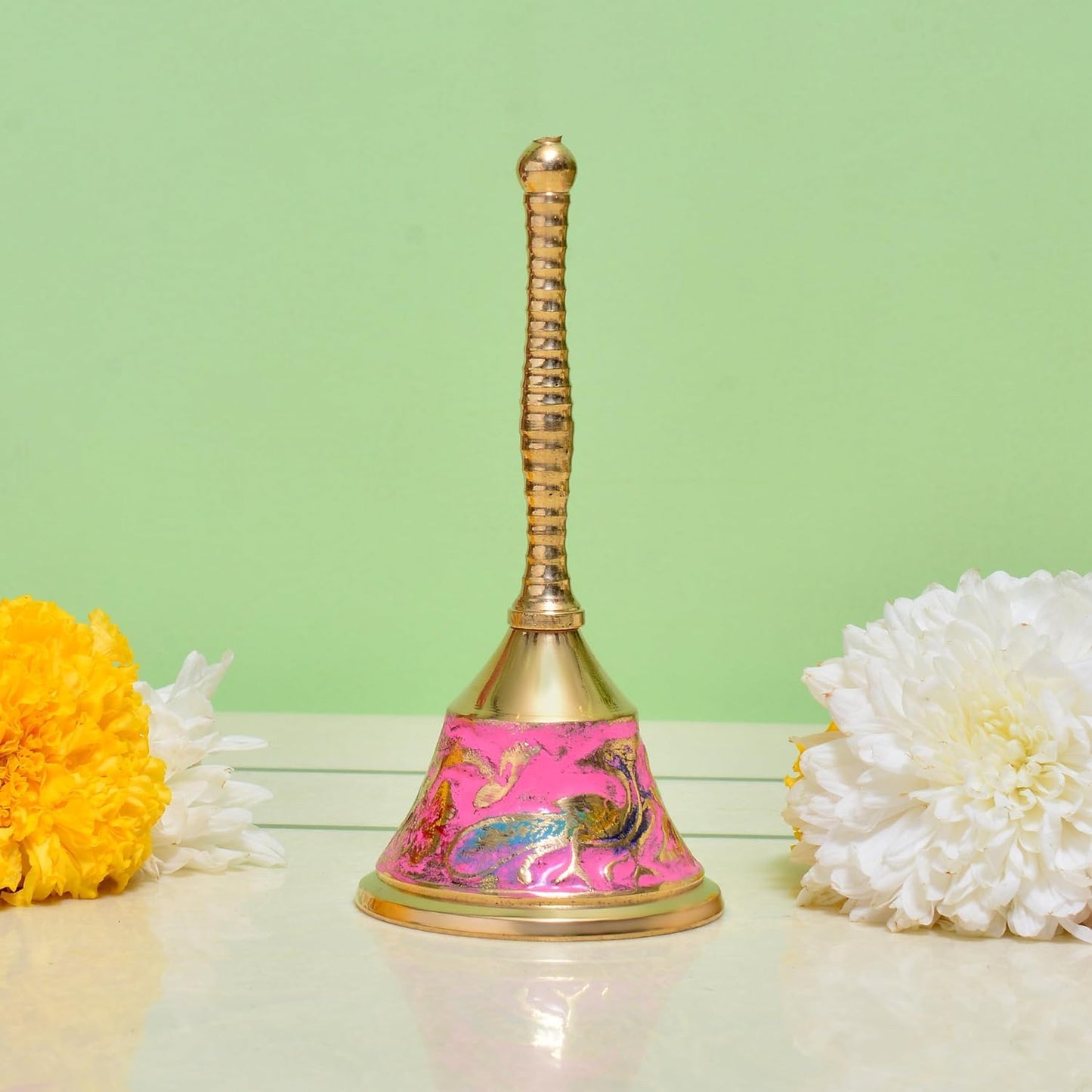 Brass Temple Bell with Pink Detailing for Home Temple and Worship | Traditional Handcrafted Bell for Spiritual Practices at www.hiretails.com