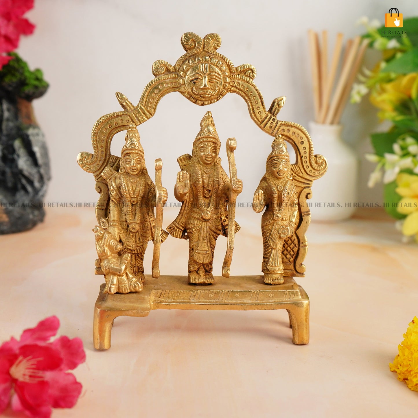 Traditional Brass Ram Darbar Idol Statue, perfect for worship and home decoration, featuring Lord Ram, Sita, Laxman, and Hanuman in stunning craftsmanship at www.hiretails.com