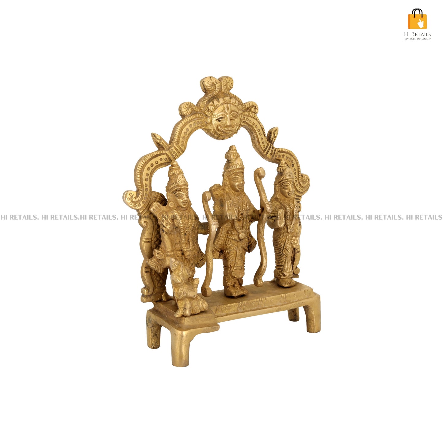 Brass Ram Darbar Idol for home mandir, featuring a beautifully detailed four-figure statue of Lord Ram, Sita, Laxman, and Hanuman for pooja rituals at www.hiretails.com