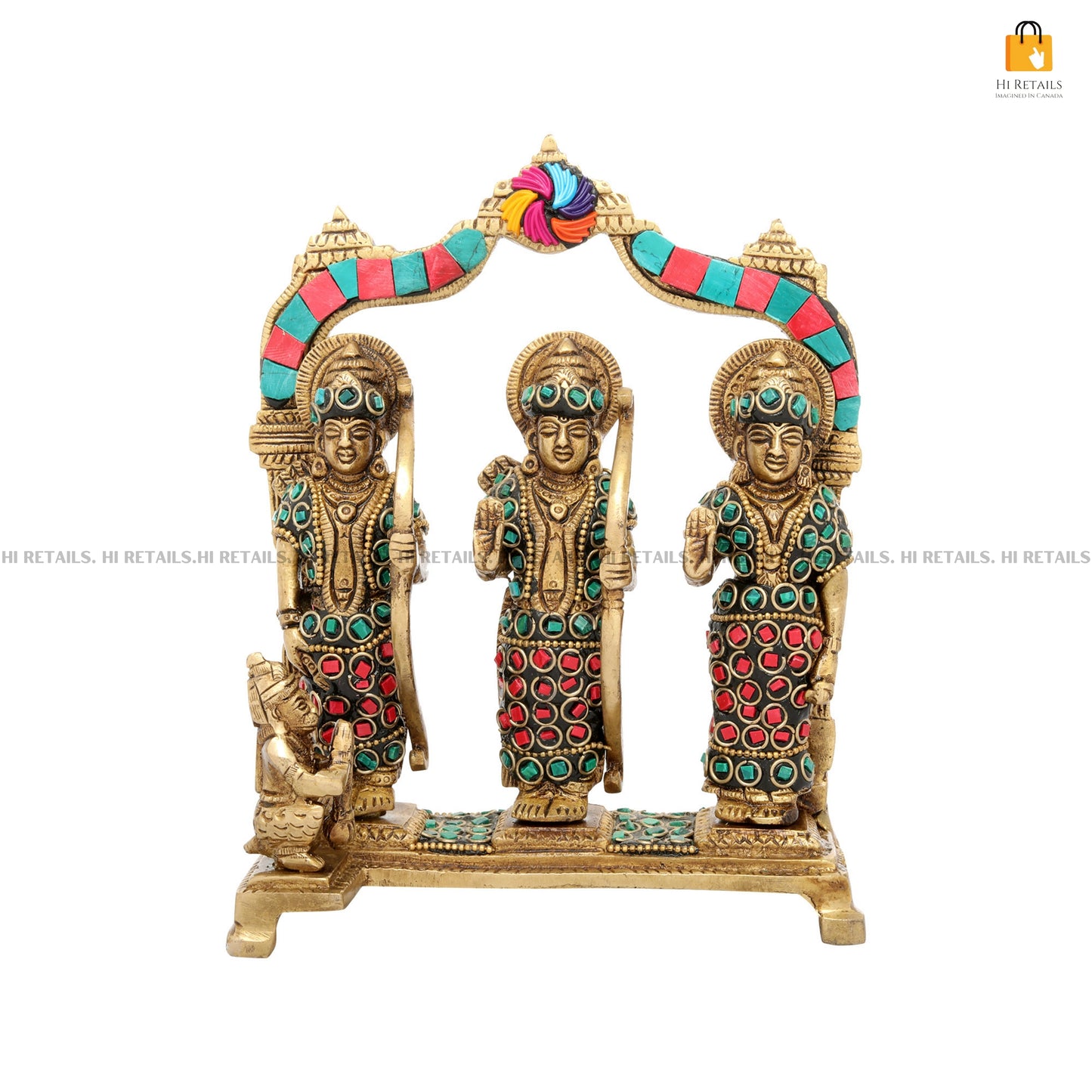 Traditional Brass Ram Darbar Statue with colorful stonework, a perfect gift for spiritual enthusiasts and home decorators. Available at www.hiretails.com.