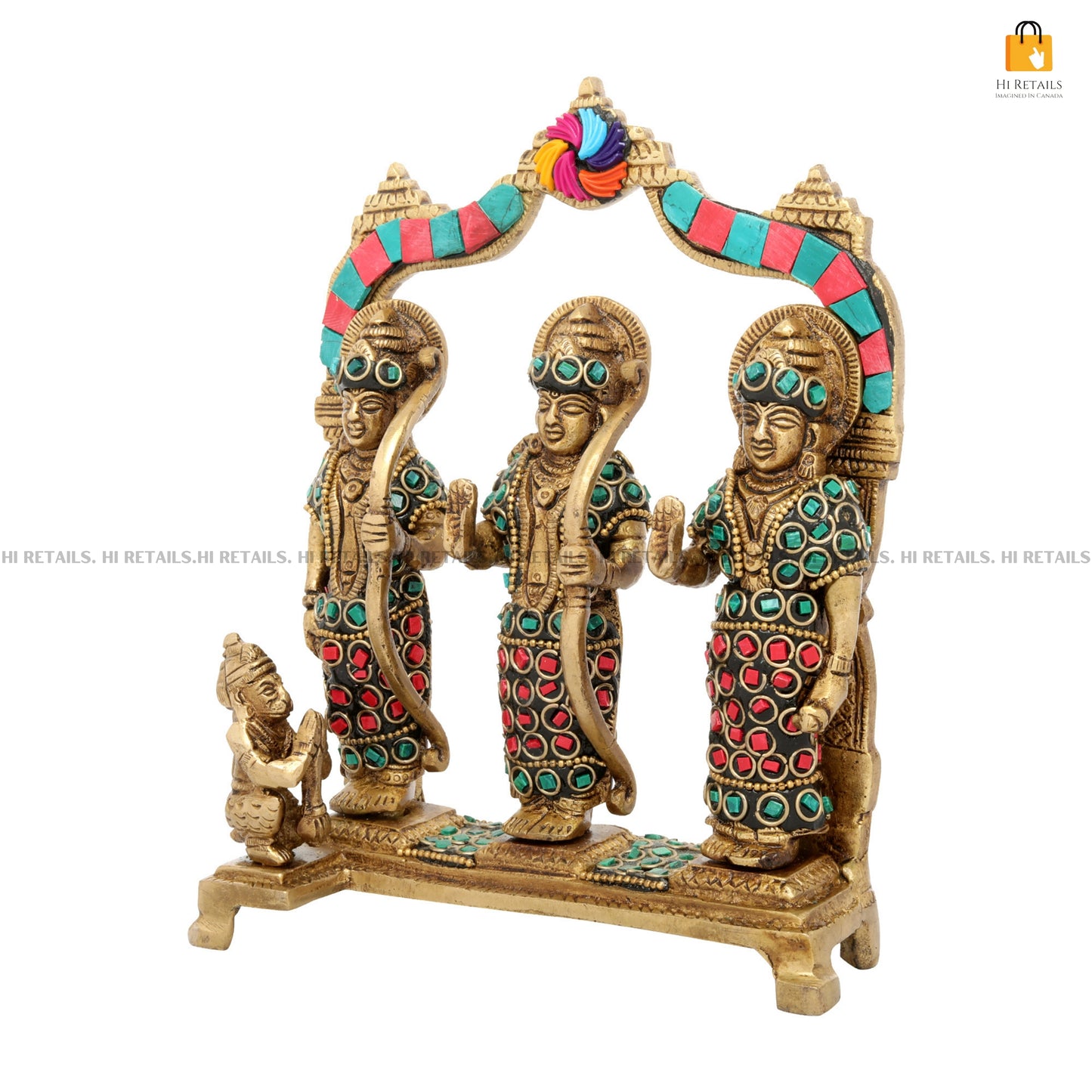 Brass Ram Darbar Statue with a detailed arch, showcasing Lord Ram, Sita, and Lakshman, perfect for home and religious spaces. Available at www.hiretails.com.