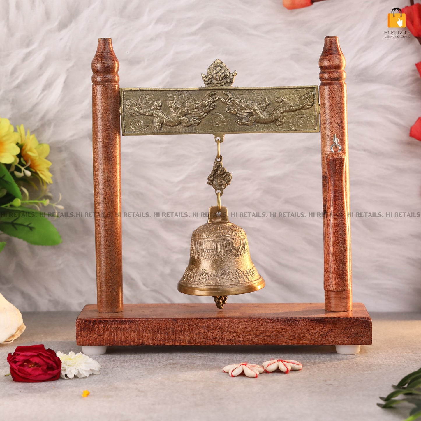 Handcrafted Brass Table Bell with Wooden Stand for Spiritual and Decorative Use | Beautiful Brass Bell for Home and Office at www.hiretails.com