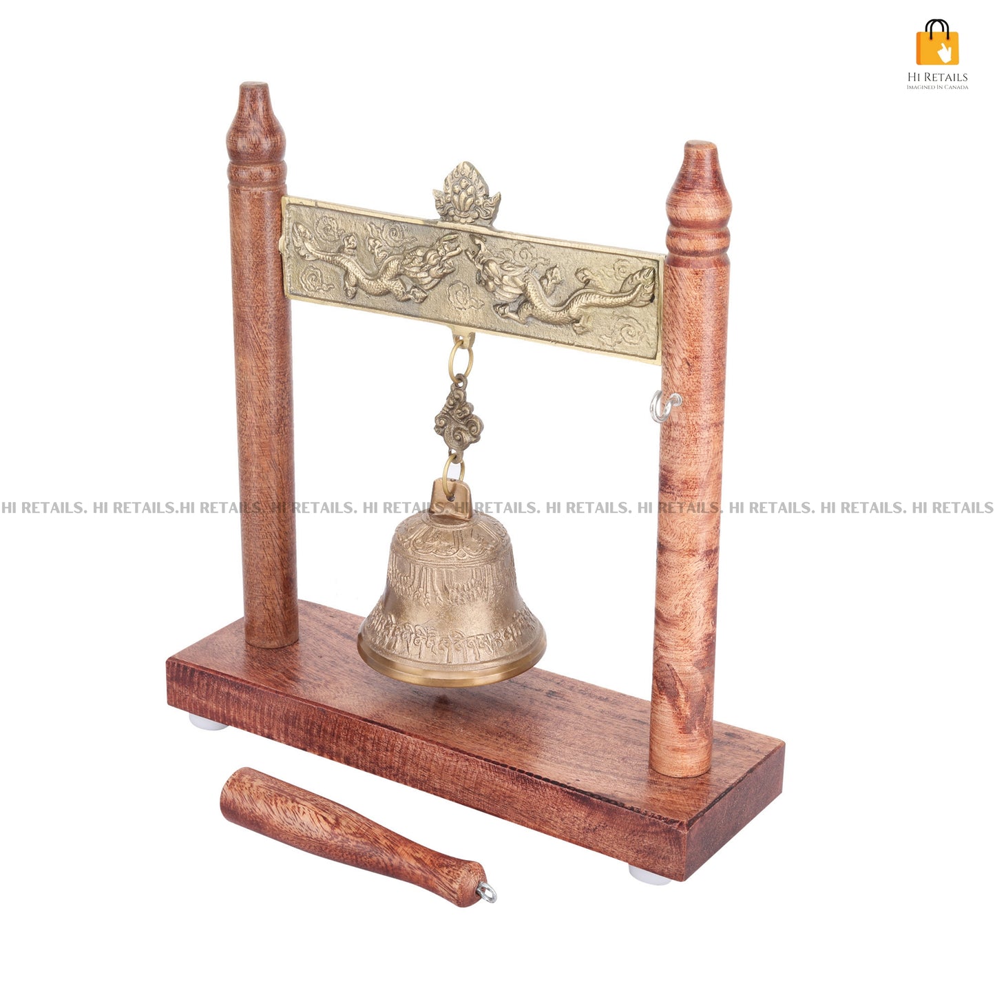 Brass Table Bell with Intricate Design and Wooden Stand | Perfect for Office, Home Decor, and Spiritual Practices at www.hiretails.com
