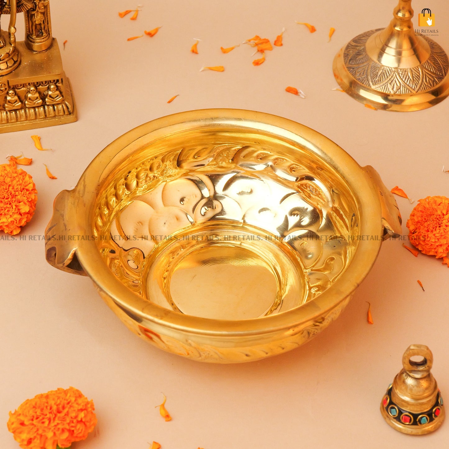 Elegant Brass Urli for Home and Festival Decor | Traditional Brass Urli with Floral Decoration for Worship at www.hiretails.com
