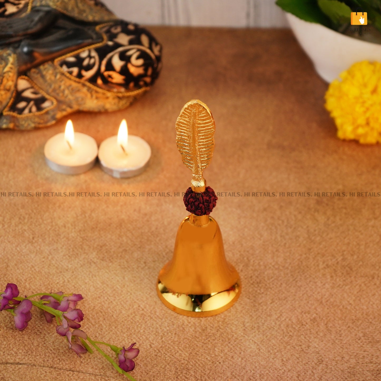 Golden finish Rudraksh Temple Bell for daily rituals, adding grace and harmony to your home temple at www.hiretails.com