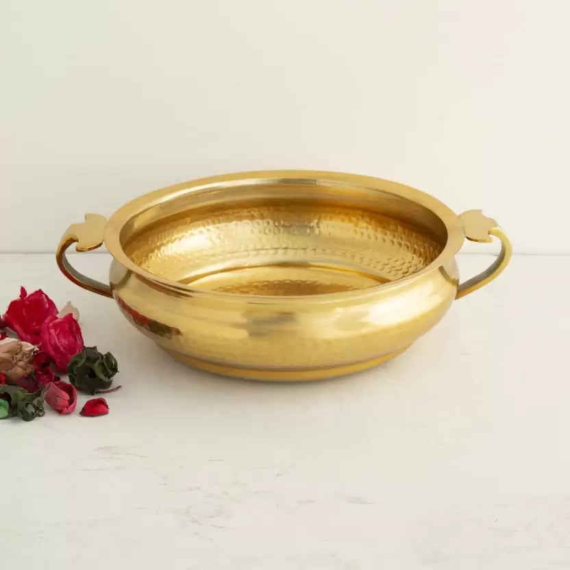 Hammered Brass Urli Bowl with Handles for Home and Festival Decor – 8 Inches – www.hiretails.com