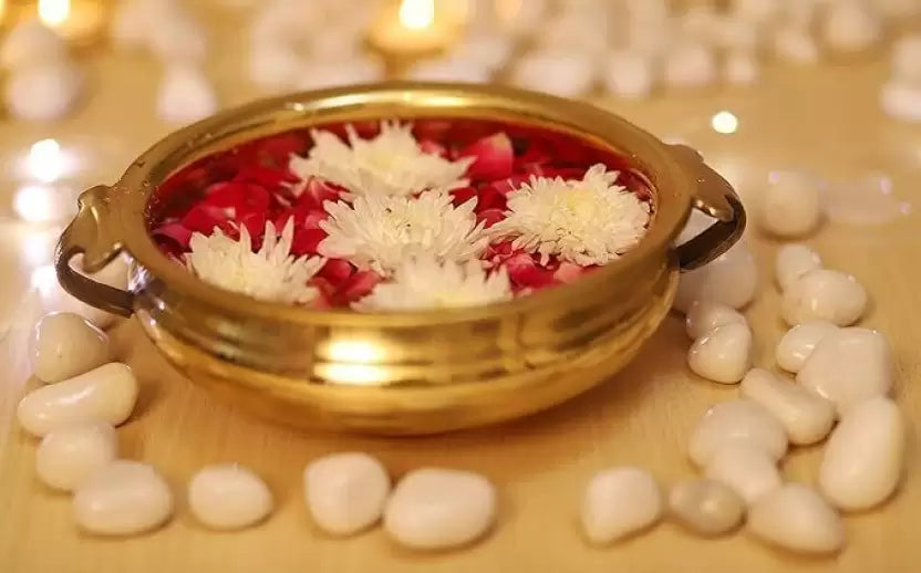 Brass Decorative Urli Bowl with Floral Petals for Home Decor – Ideal for Spiritual and Festive Settings at www.hiretails.com