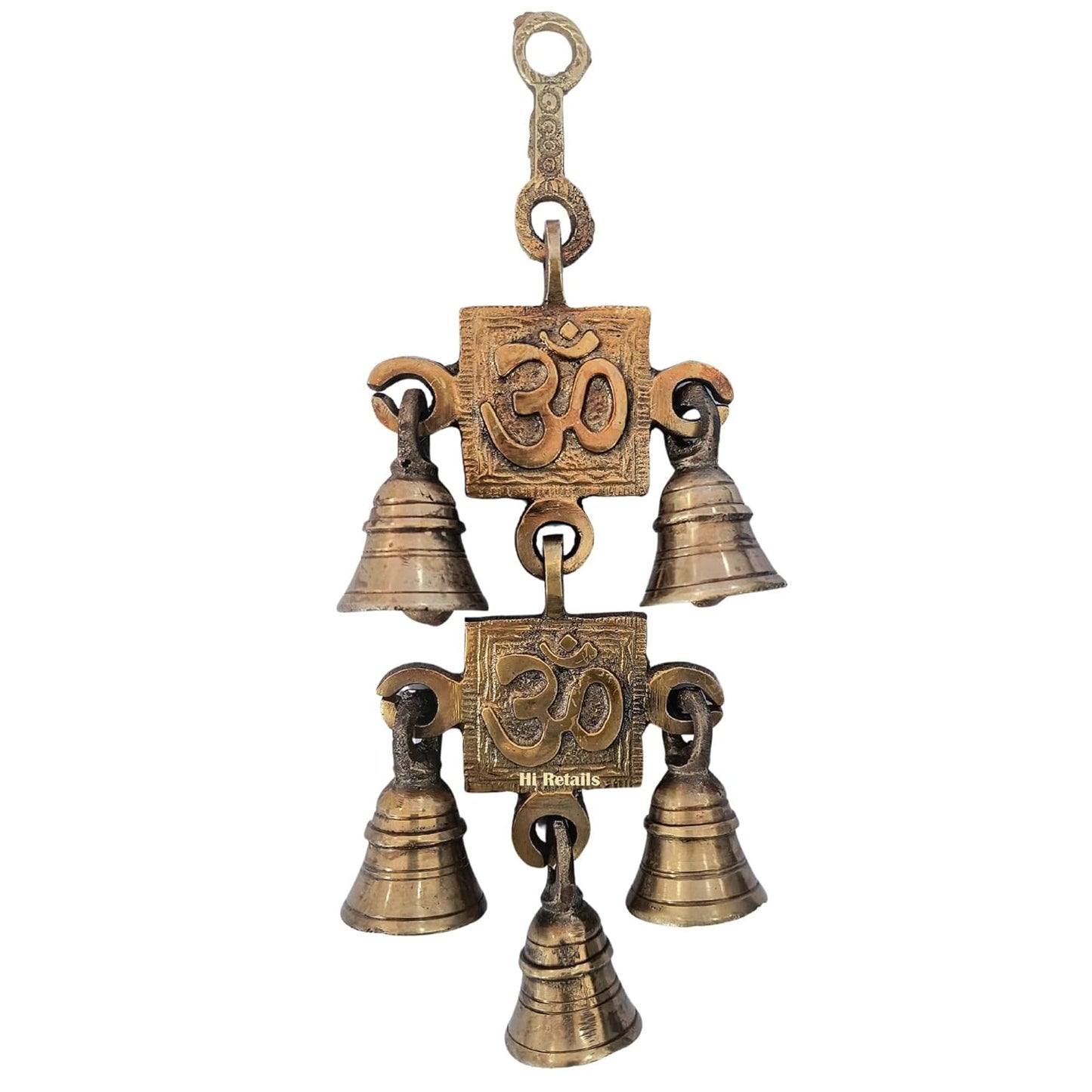 Om Swastik brass hanging bells for home decor, ideal for doors or spiritual settings, available at www.hiretails.com