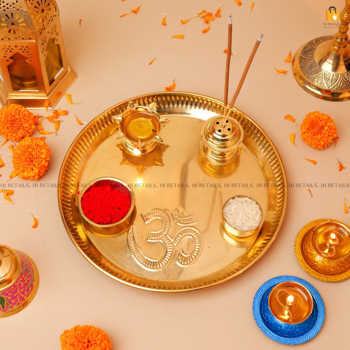Traditional Brass Incense Holder & Kumkum Box for pooja rituals and home decoration, adding spiritual elegance to your space. Available at www.hiretails.com.