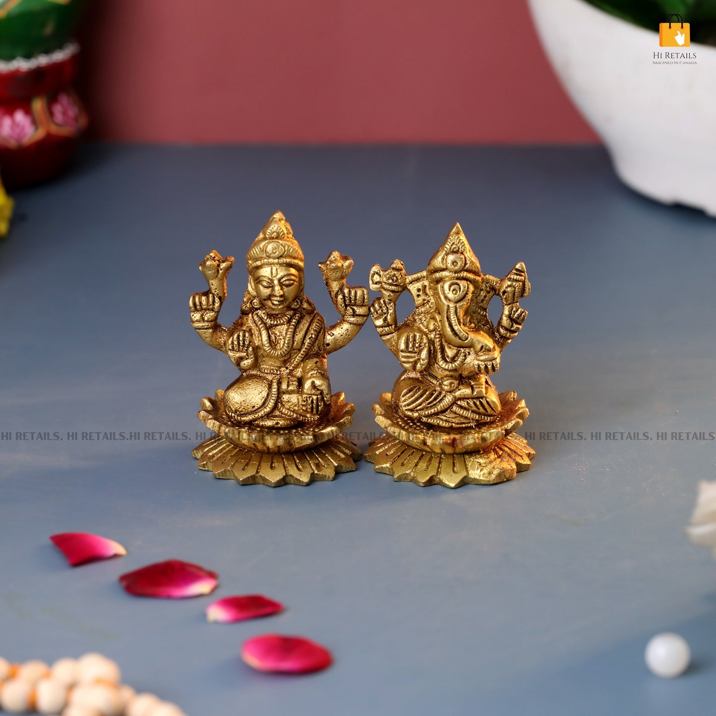 Brass Laxmi Ganesh Idol on Lotus base, ideal for home temple and festive puja, available at www.hiretails.com