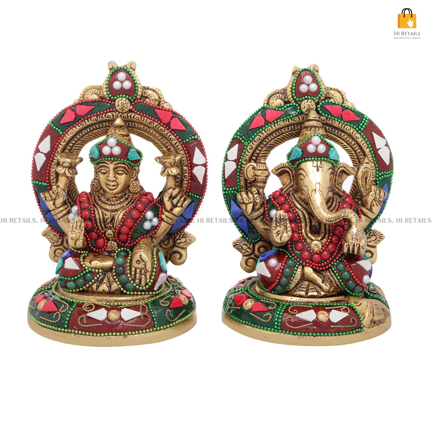 Elegant brass Laxmi Ganesh idols with colorful stone accents, perfect for pooja rooms and spiritual spaces at www.hiretails.com