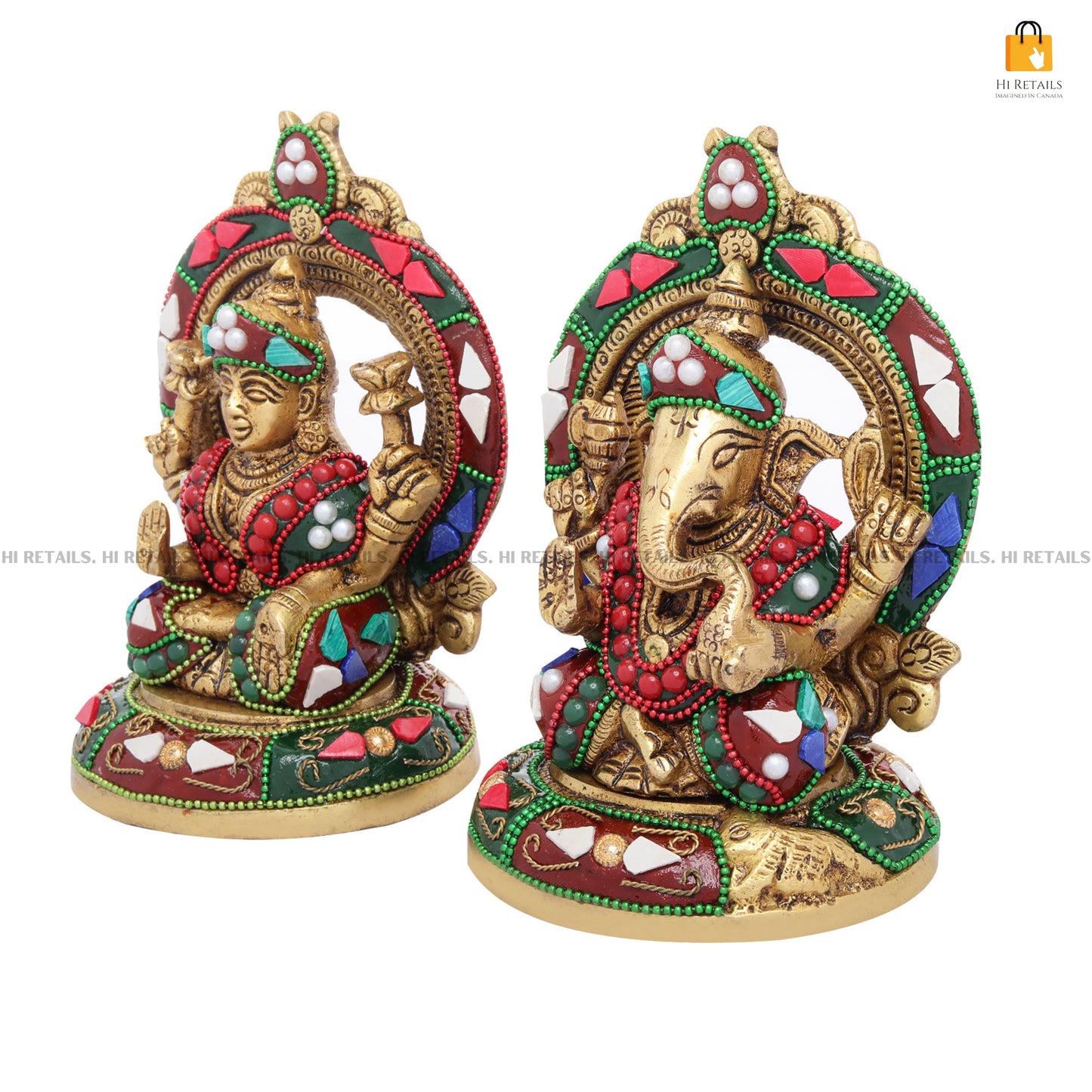 Brass Laxmi Ganesh idols with stone detailing, perfect for enhancing spiritual ambiance in your home at www.hiretails.com
