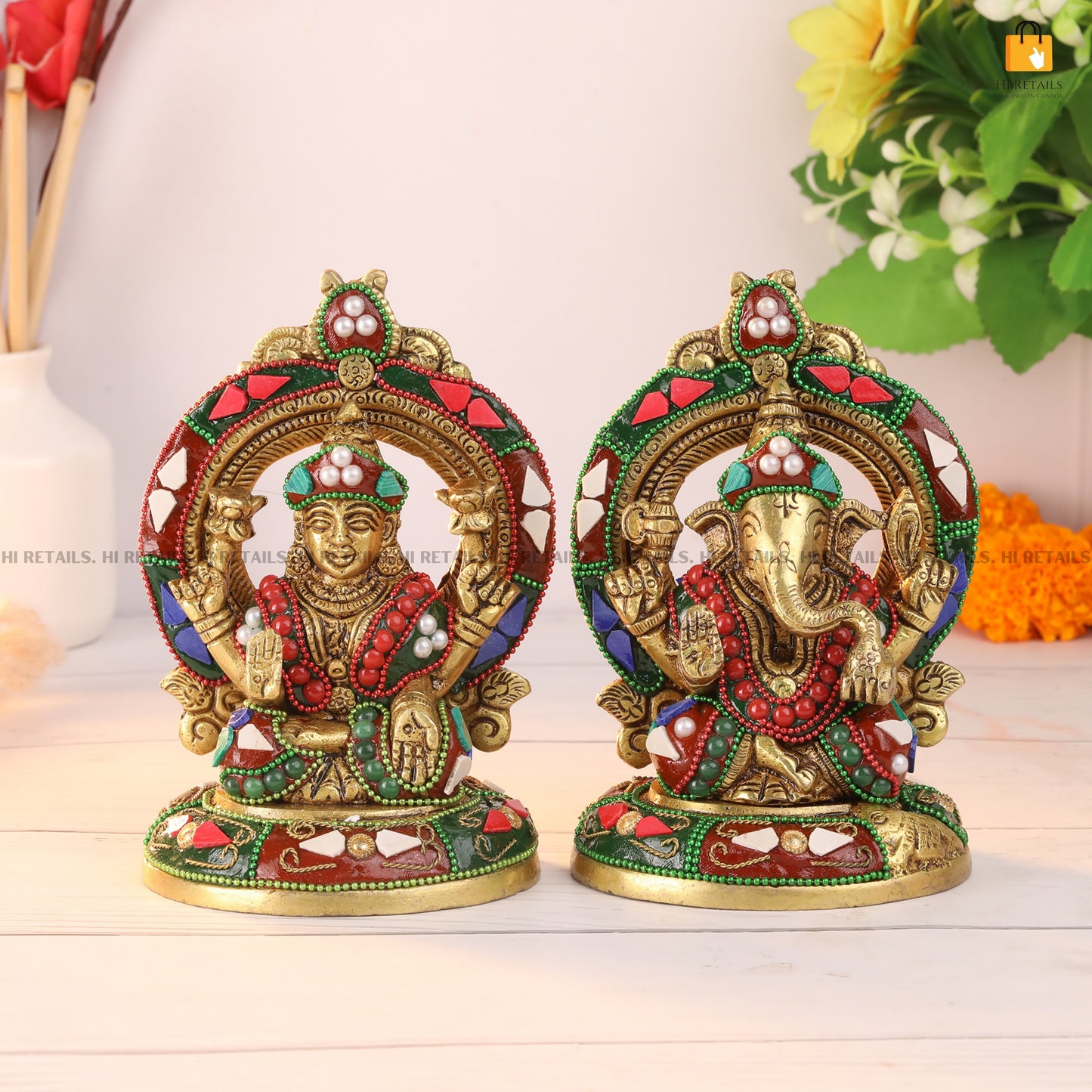 Decorative Laxmi Ganesh idols with stone inlay work, a beautiful addition to your home temple or living room at www.hiretails.com