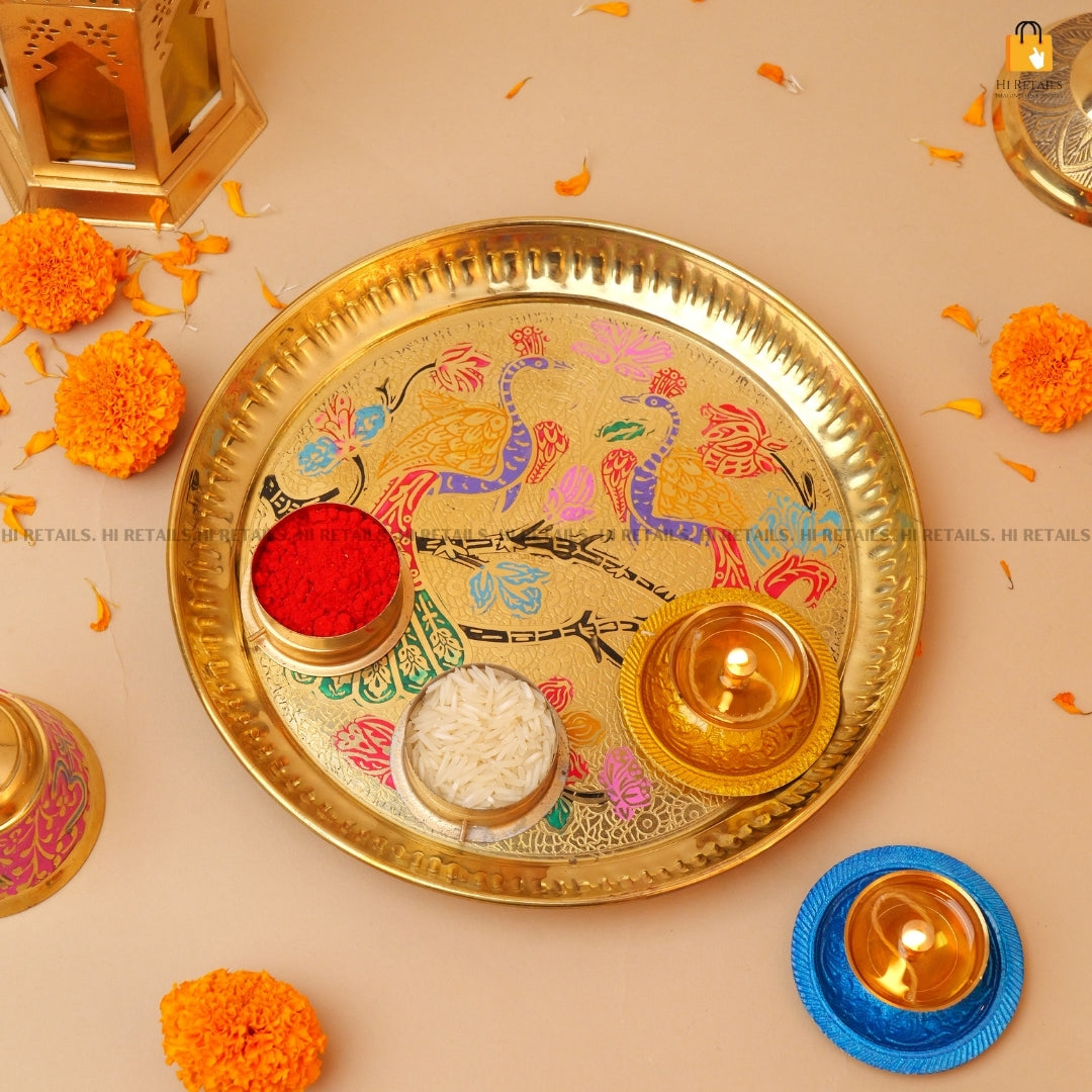 8-inch brass Pooja plate featuring colorful motifs, perfect for traditional worship and celebrations. Available at www.hiretails.com.