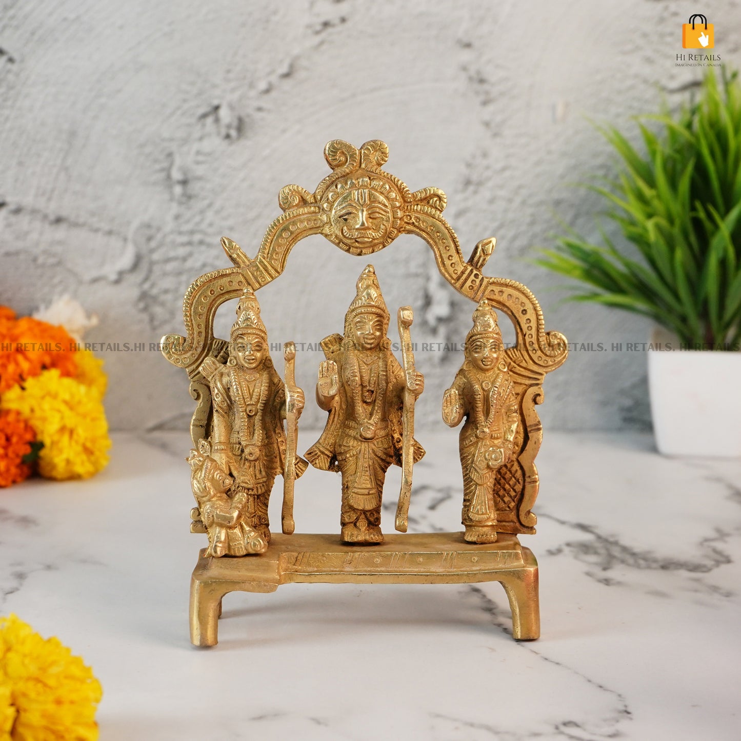 Spiritual Brass Ram Darbar Statue featuring Lord Ram and his family, ideal for pooja and home mandir decor, showcasing intricate brass craftsmanship at www.hiretails.com