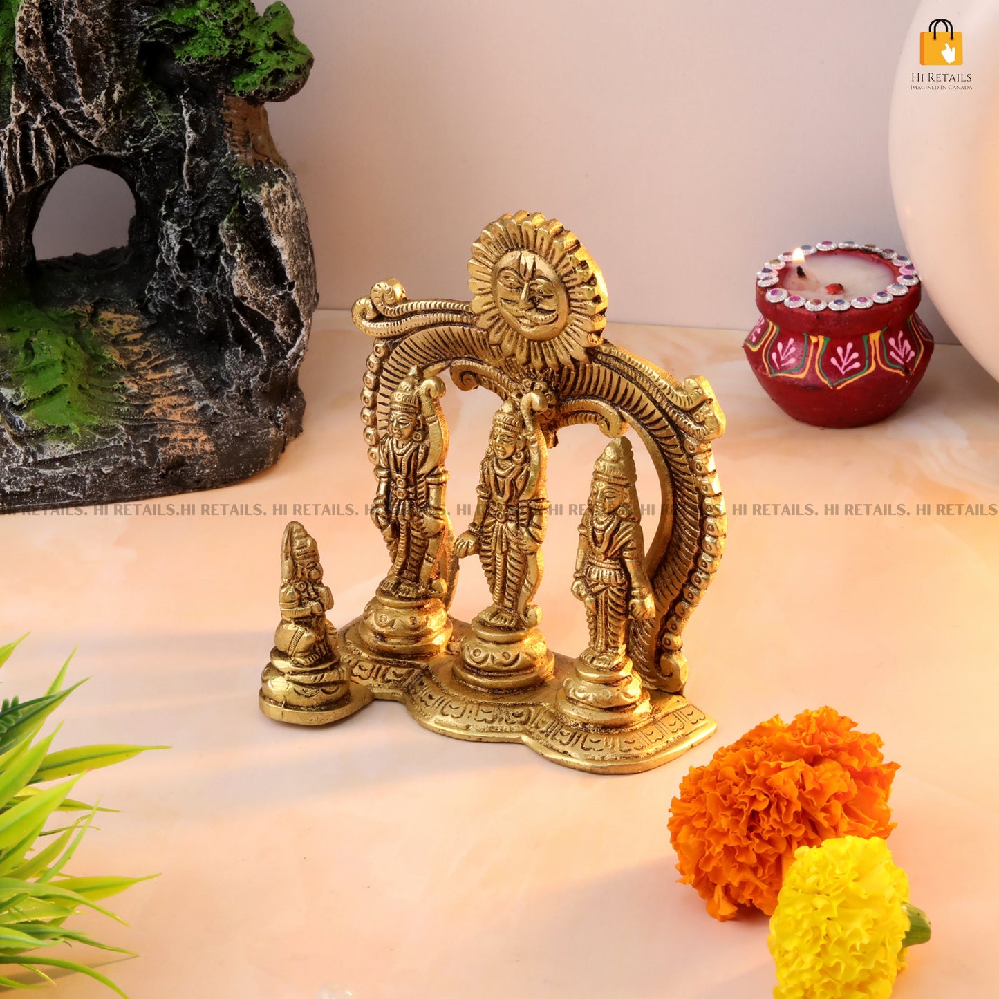 Elegant Brass Ram Darbar statue with traditional design, perfect for your home pooja room or as a spiritual gift. Available at www.hiretails.com.