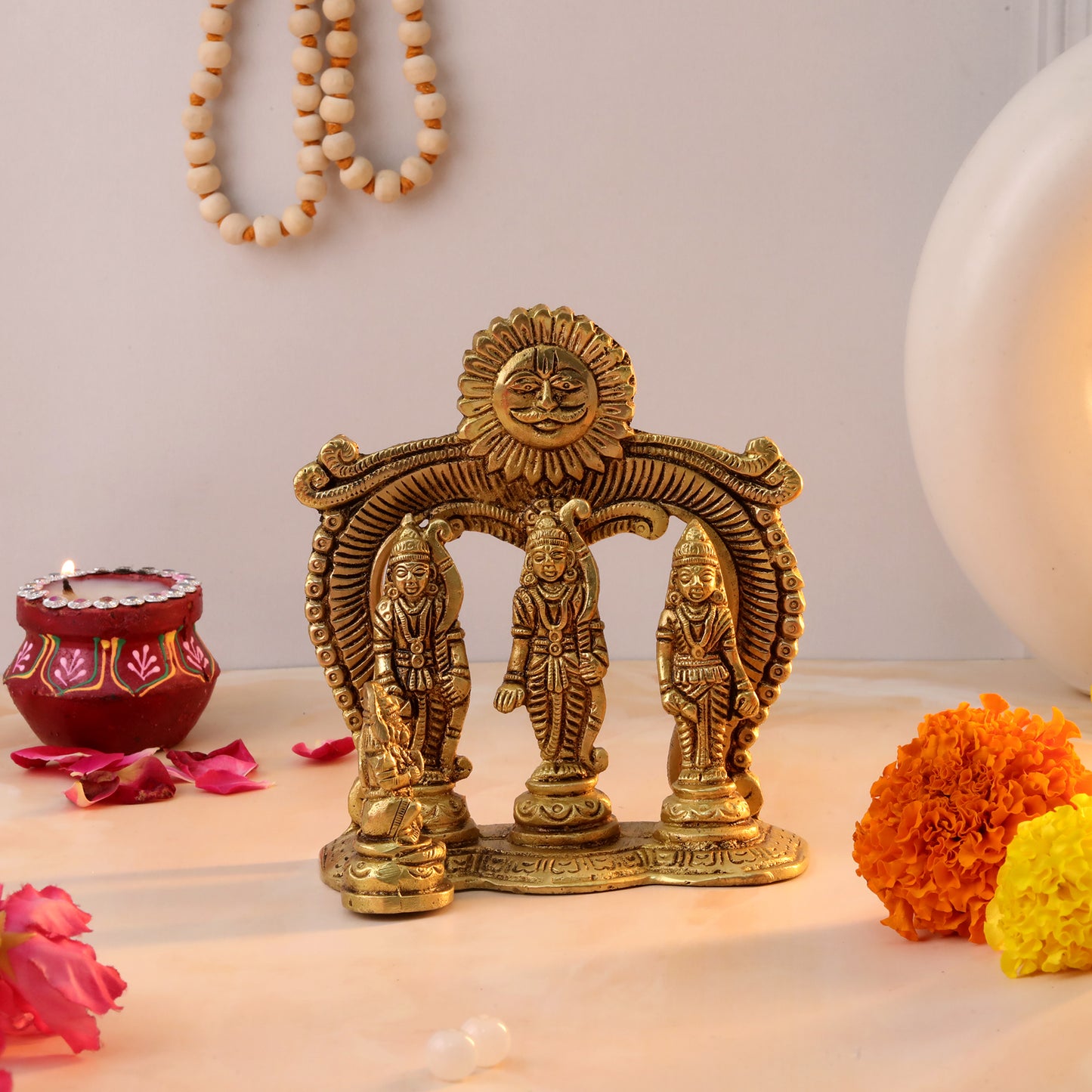 Brass Ram Darbar idol for pooja temple with intricate design, perfect for adding spiritual elegance to your home. Available at www.hiretails.com.