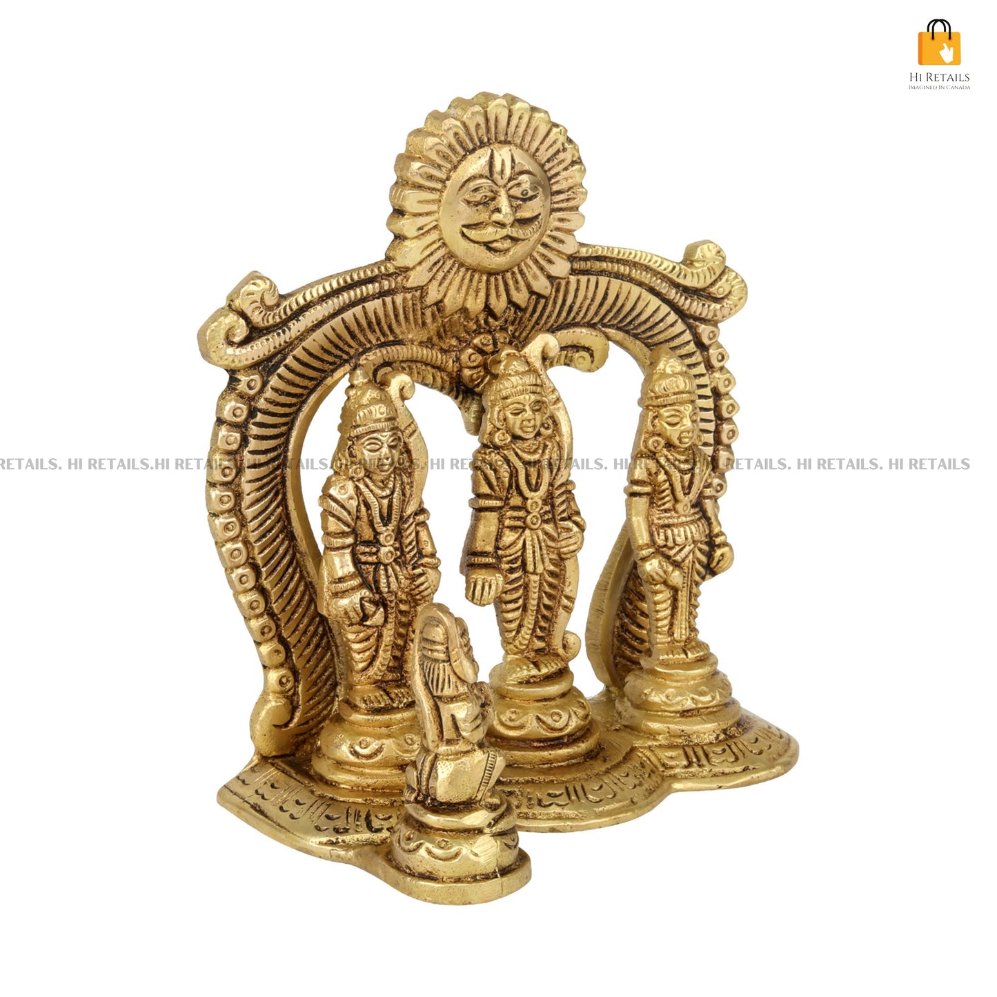 Brass Lord Ram, Sita, and Lakshman idol with detailed arch, ideal for religious ceremonies and home decoration. Available at www.hiretails.com.