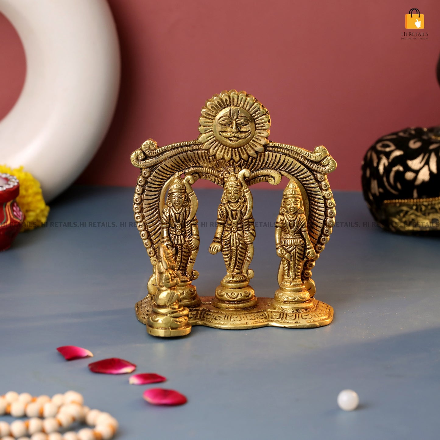 Traditional Brass Ram Darbar idol with intricate carvings, ideal for pooja spaces and spiritual decor. Available at www.hiretails.com.
