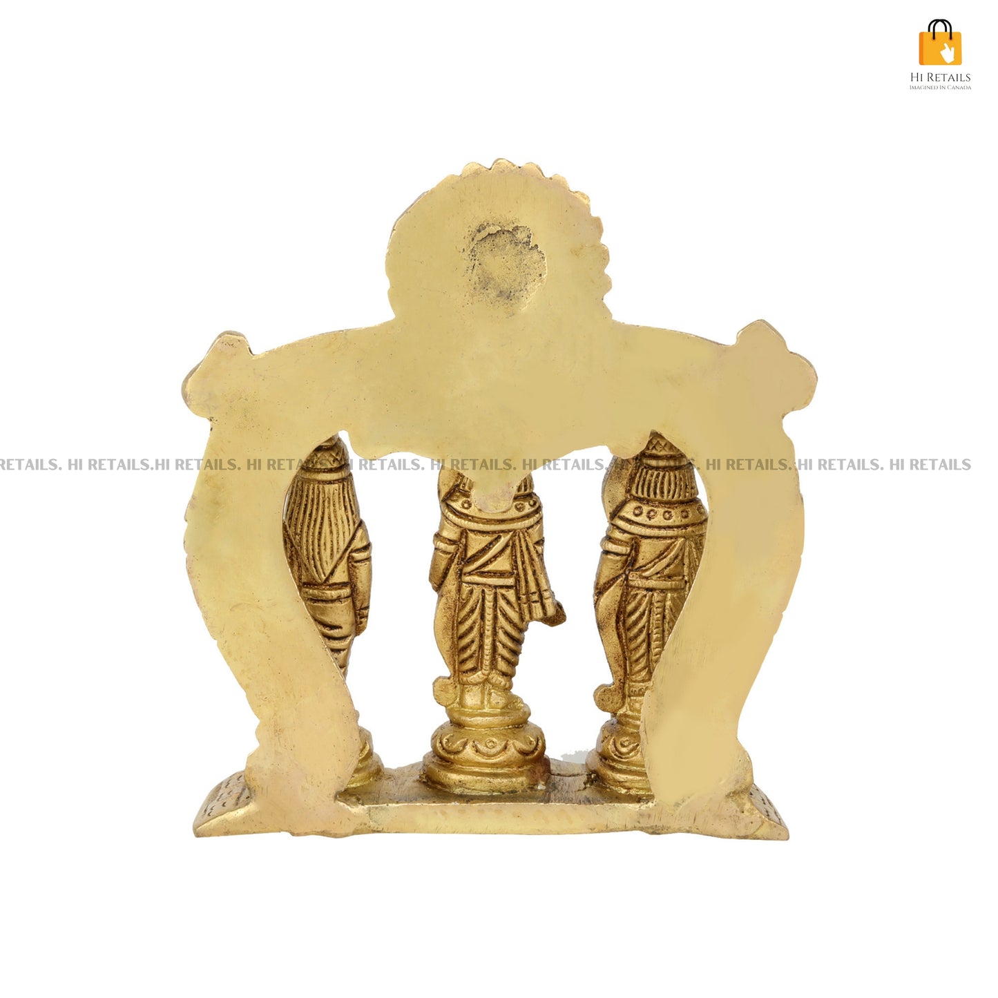 Intricately crafted Brass Ram Darbar statue with divine representation of Lord Ram, Sita, and Lakshman, perfect for home temples. Available at www.hiretails.com.