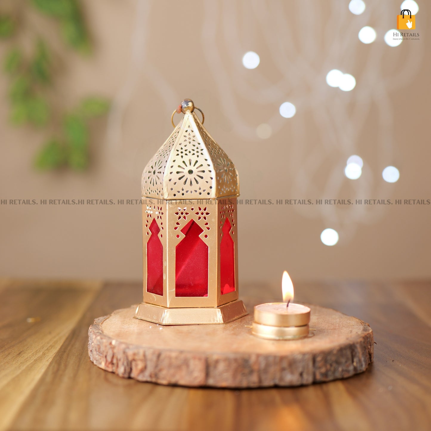 Traditional brass round hanging lamp with a rich red design and ornate detailing, ideal for accentuating your living space. Available at www.hiretails.com.