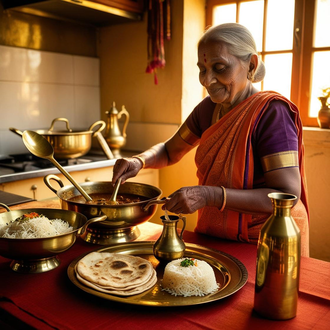 Brass and Kansa Products from Hi Retails – Elderly woman enjoying a traditional meal served on a gleaming brass thali, with health benefits from antibacterial properties of brass and kansa metals at www.hiretails.com