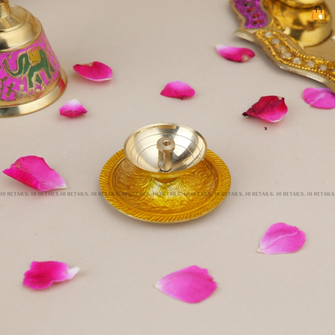 Brass Oil Lamp Diya with Petals | Authentic Brass Diya for Pooja and Festival Decorations at www.hiretails.com