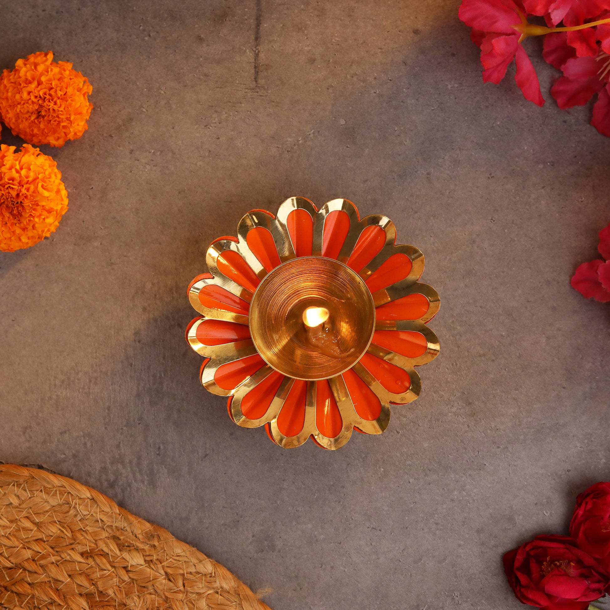 Colorful Brass Diya Set with Flower Petal Design | Ideal for Spiritual Lighting and Pooja Rituals at www.hiretails.com