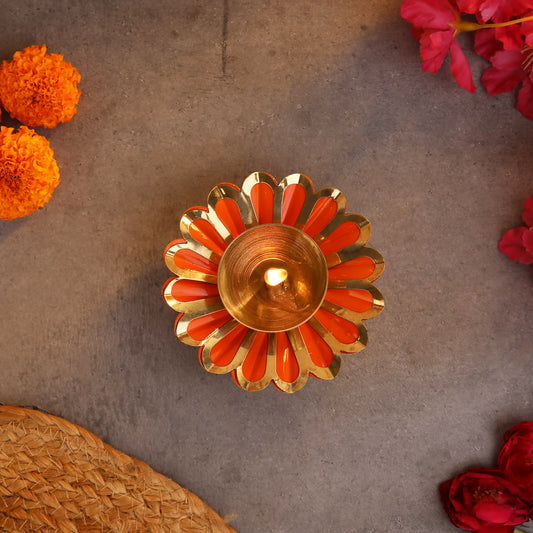 Colorful Brass Diya Set with Flower Petal Design | Ideal for Spiritual Lighting and Pooja Rituals at www.hiretails.com