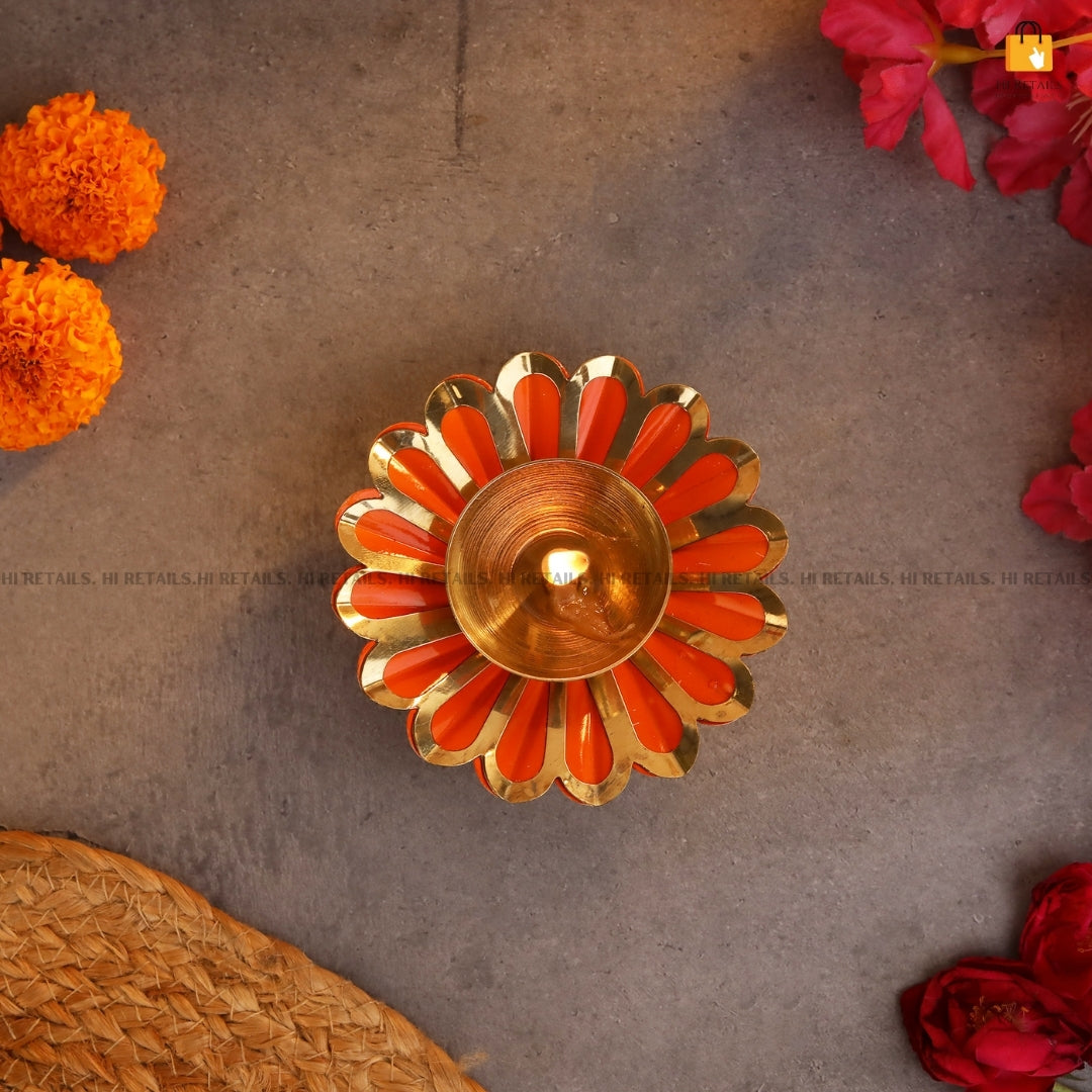 Elegant Brass Oil Lamps with Colorful Petals for Diwali | Decorative Brass Diyas for Religious Ceremonies at www.hiretails.com