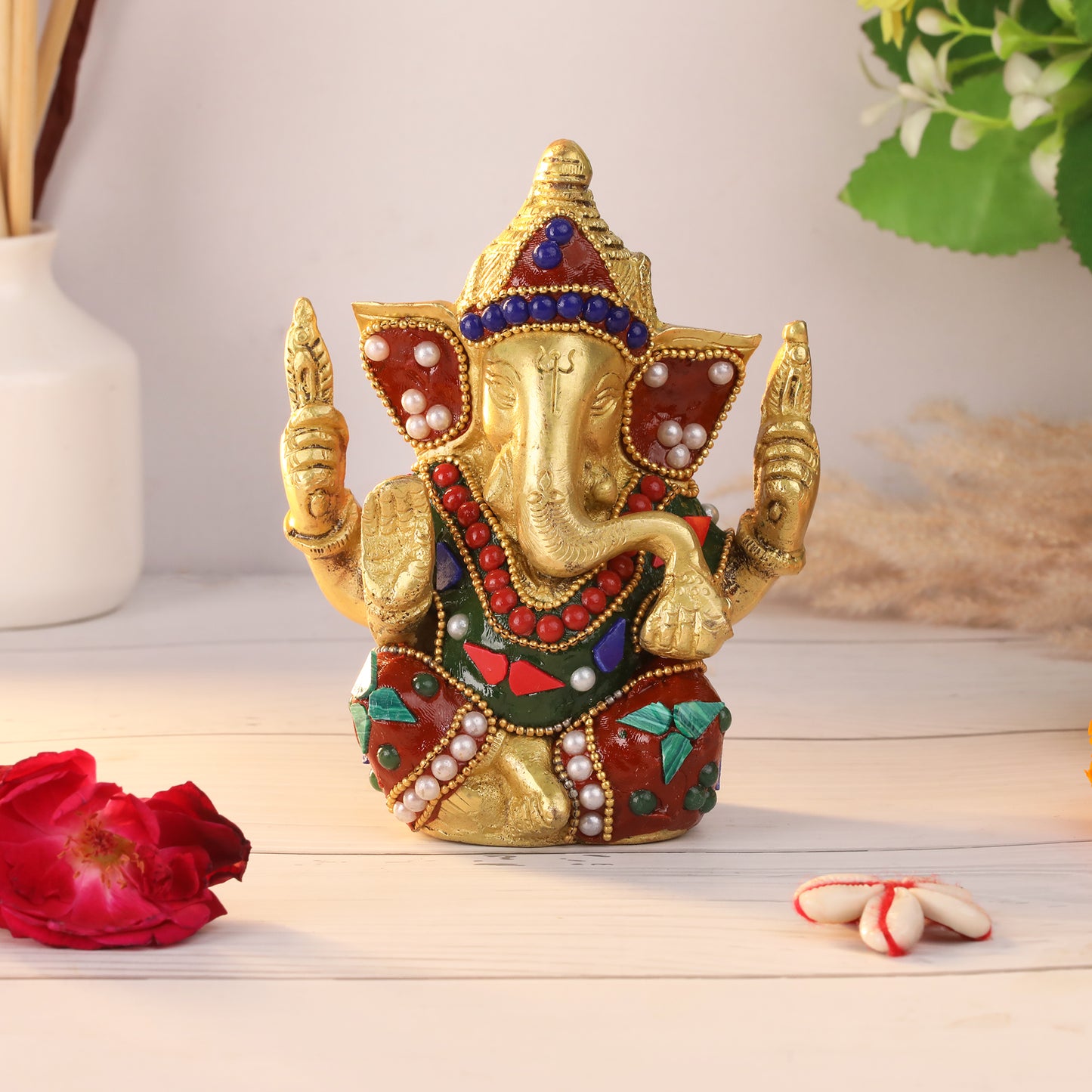 Handcrafted Brass Ganesh Idol with Colorful Stone Inlays for Pooja and Home Decor | Premium Ganesh Statue for Spiritual Celebrations at www.hiretails.com