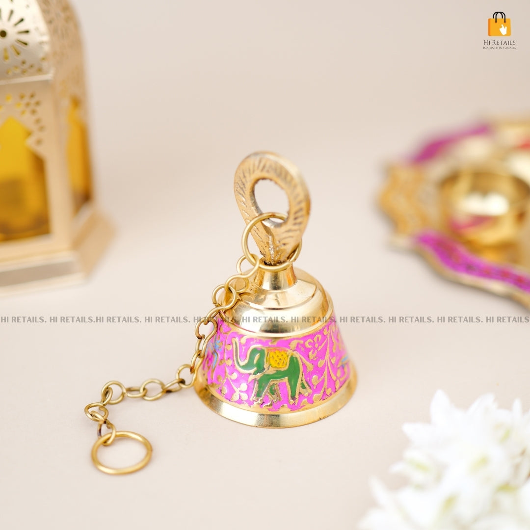 Brass Temple Bell with Vibrant Colorful Design | Spiritual Bell for Pooja and Religious Decorations at www.hiretails.com