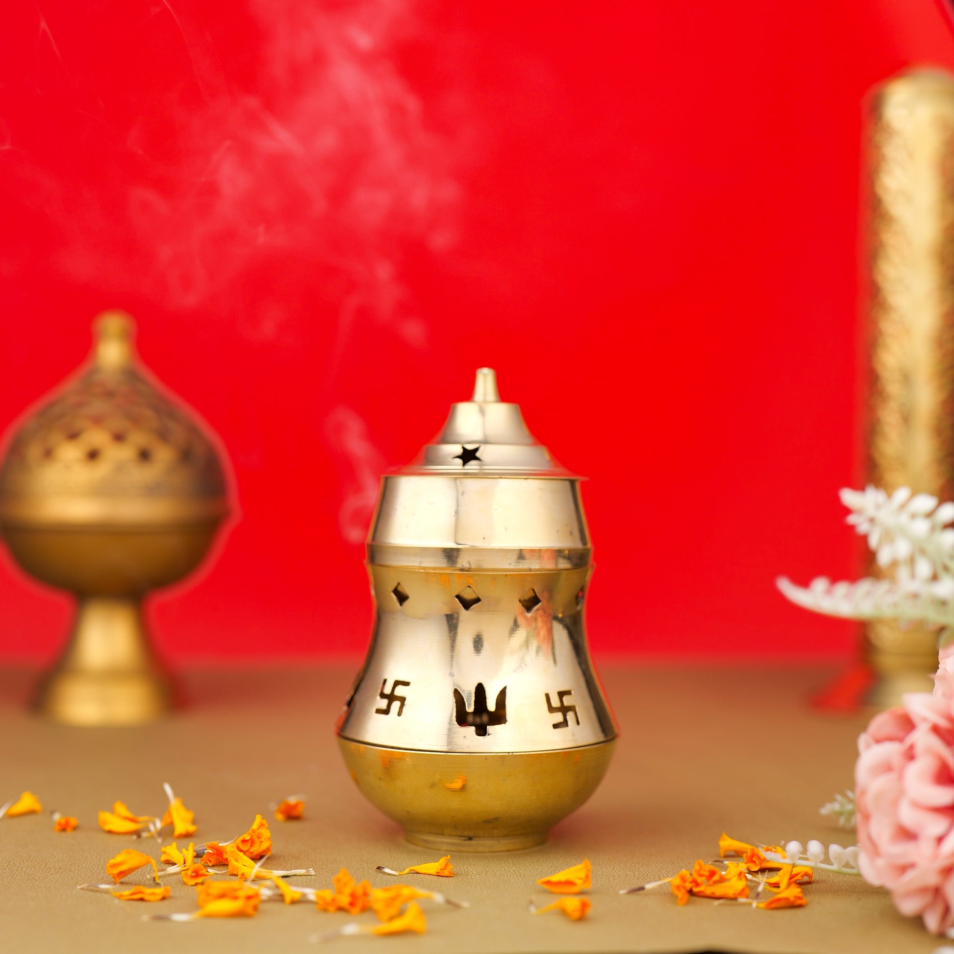 Brass Incense Burner with Swastika Design for Pooja and Spiritual Rituals | Traditional Brass Dhoop Burner at www.hiretails.com