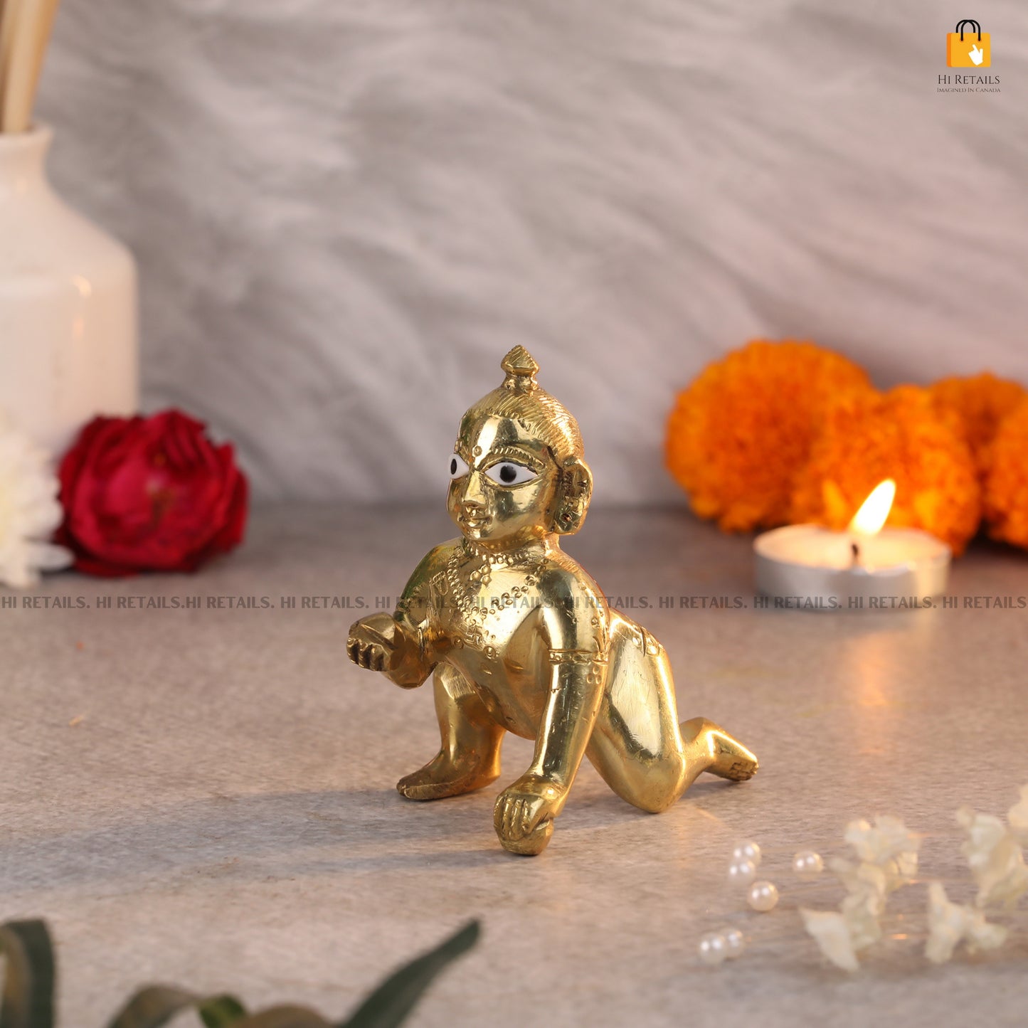 Brass Laddu Gopal Idol with Detailed Craftsmanship for Pooja and Religious Worship | Krishna Statue for Home Temples at www.hiretails.com