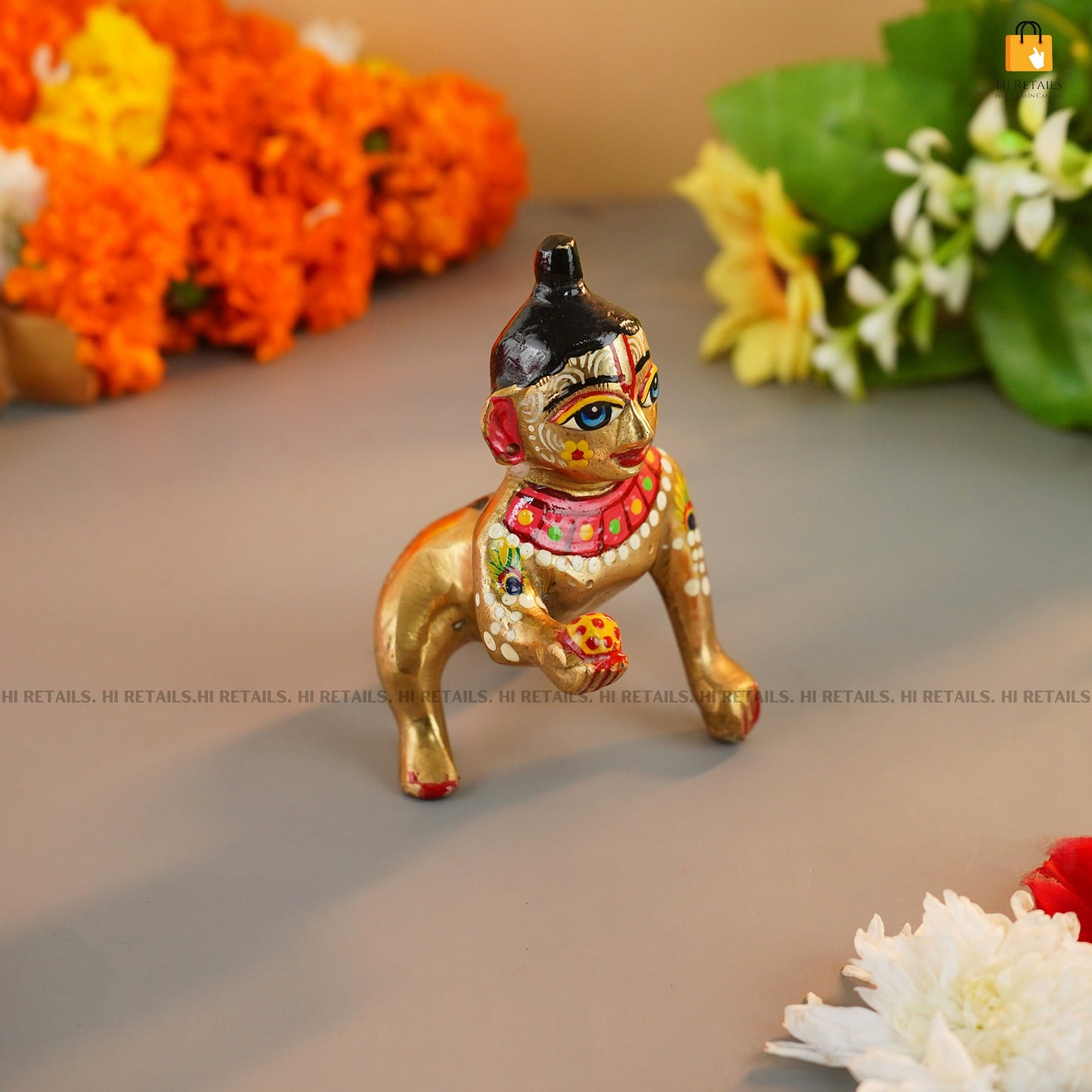 Handcrafted Brass Laddu Gopal Statue with Vibrant Finishes for Spiritual Worship | Perfect for Home Temples at www.hiretails.com