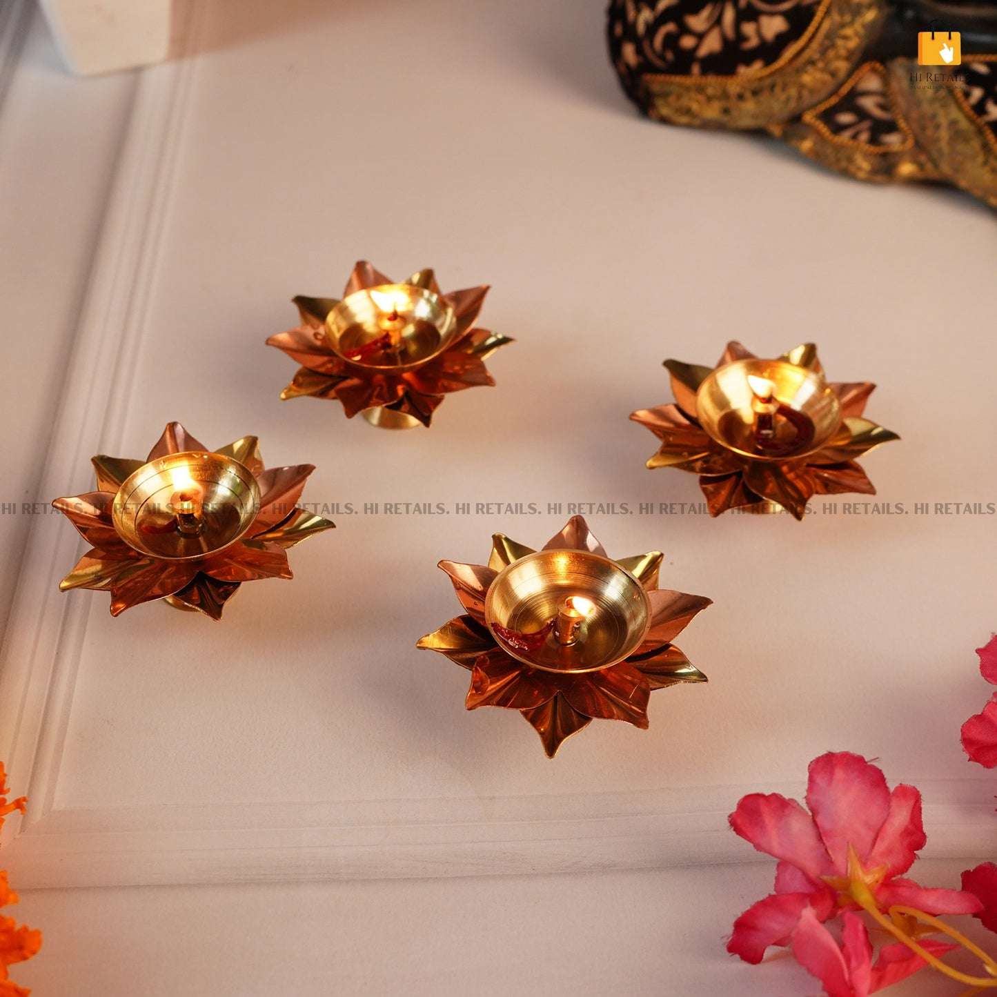 Traditional Brass Lotus Diya Set for Pooja and Home Temples | Elegant Brass Diyas for Spiritual Lighting at www.hiretails.com
