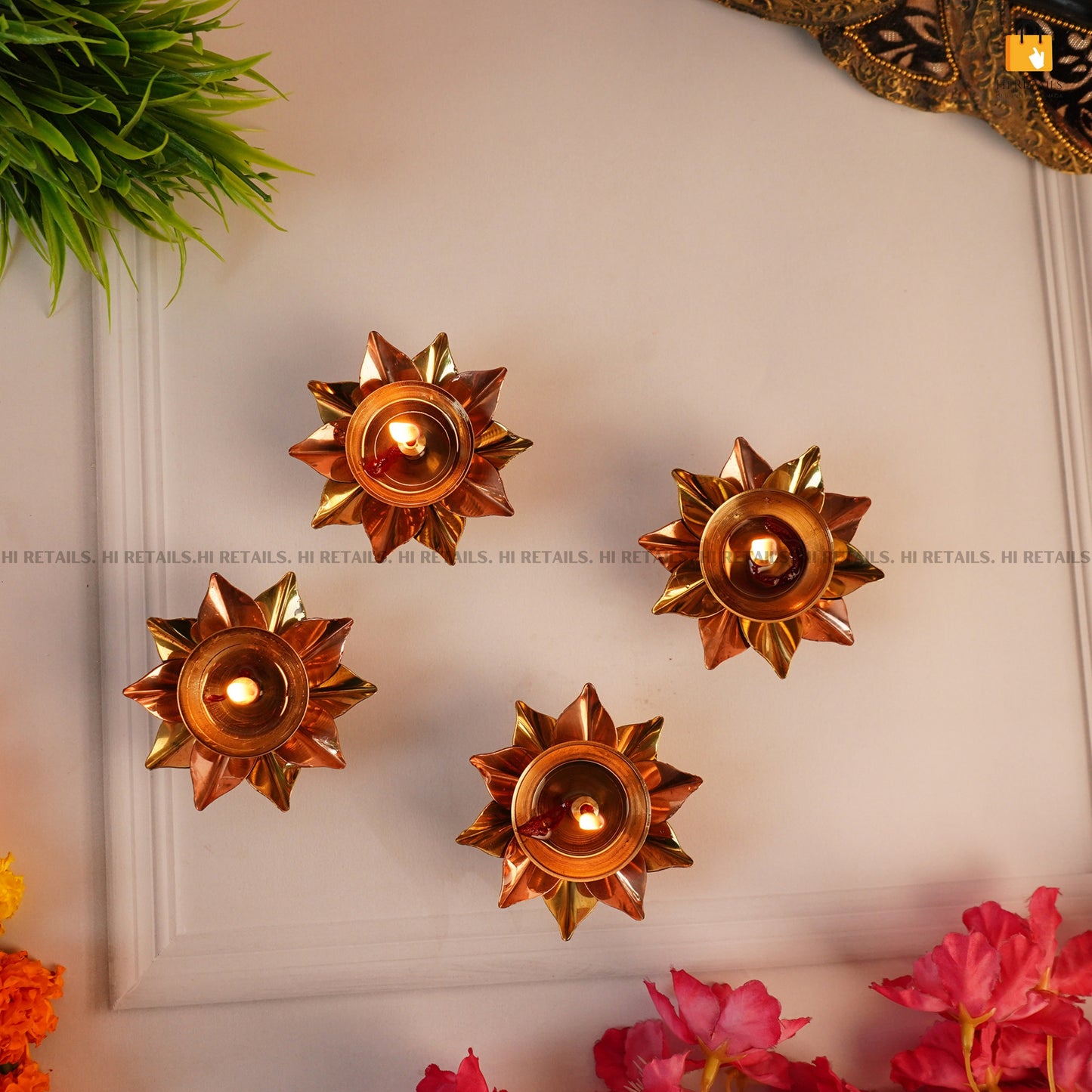 Brass Lotus Diya Set for Creating a Peaceful Ambiance | High-Quality Brass Diyas for Pooja and Spiritual Worship at www.hiretails.com