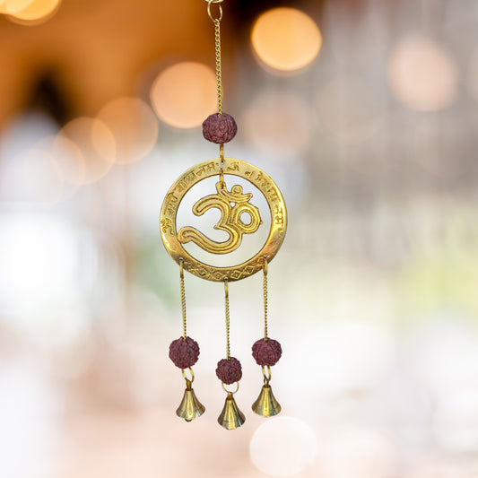 Brass OM Wall Hanging with Rudraksha Beads for Home Decor | Spiritual OM Symbol for Door Decoration at www.hiretails.com
