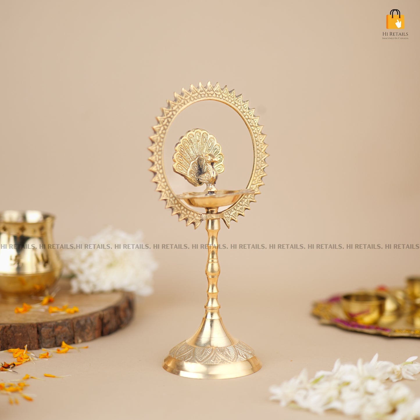 Brass Peacock Ring Oil Lamp with Intricate Detailing for Spiritual Lighting | Traditional Brass Oil Lamp for Ceremonial Use at www.hiretails.com