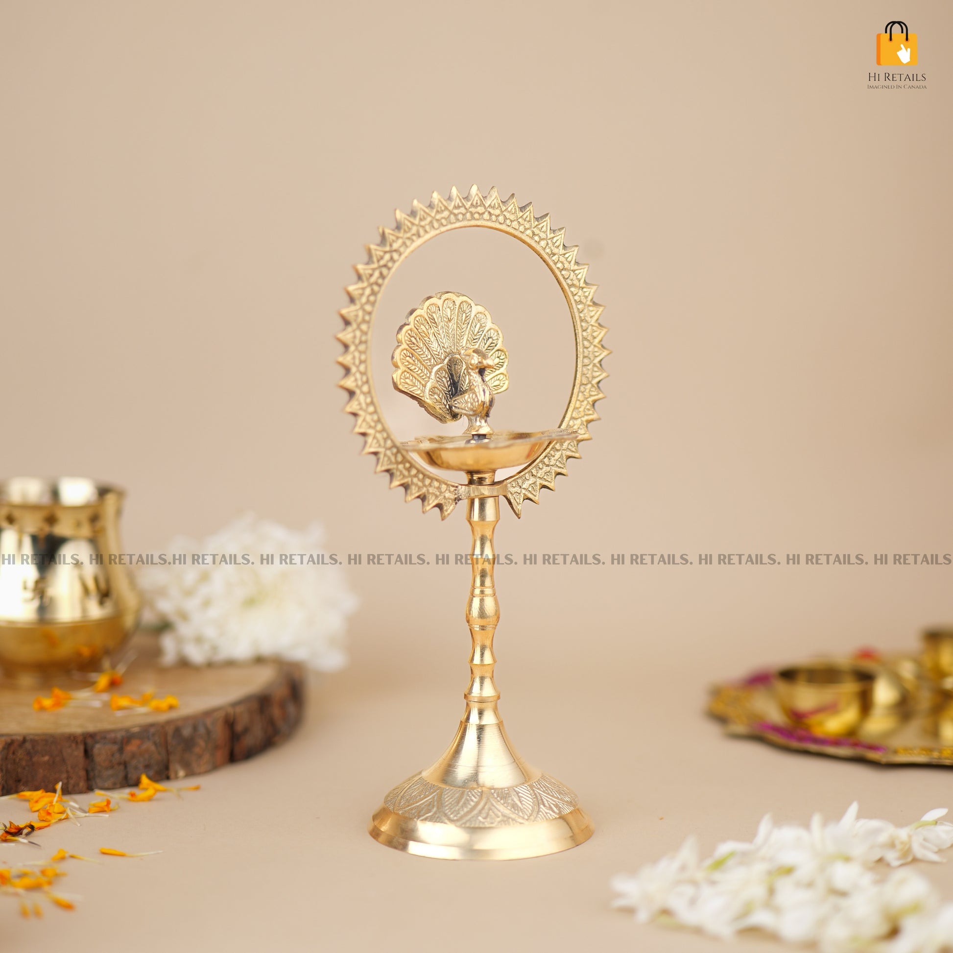 Brass Peacock Ring Oil Lamp with Intricate Detailing for Spiritual Lighting | Traditional Brass Oil Lamp for Ceremonial Use at www.hiretails.com