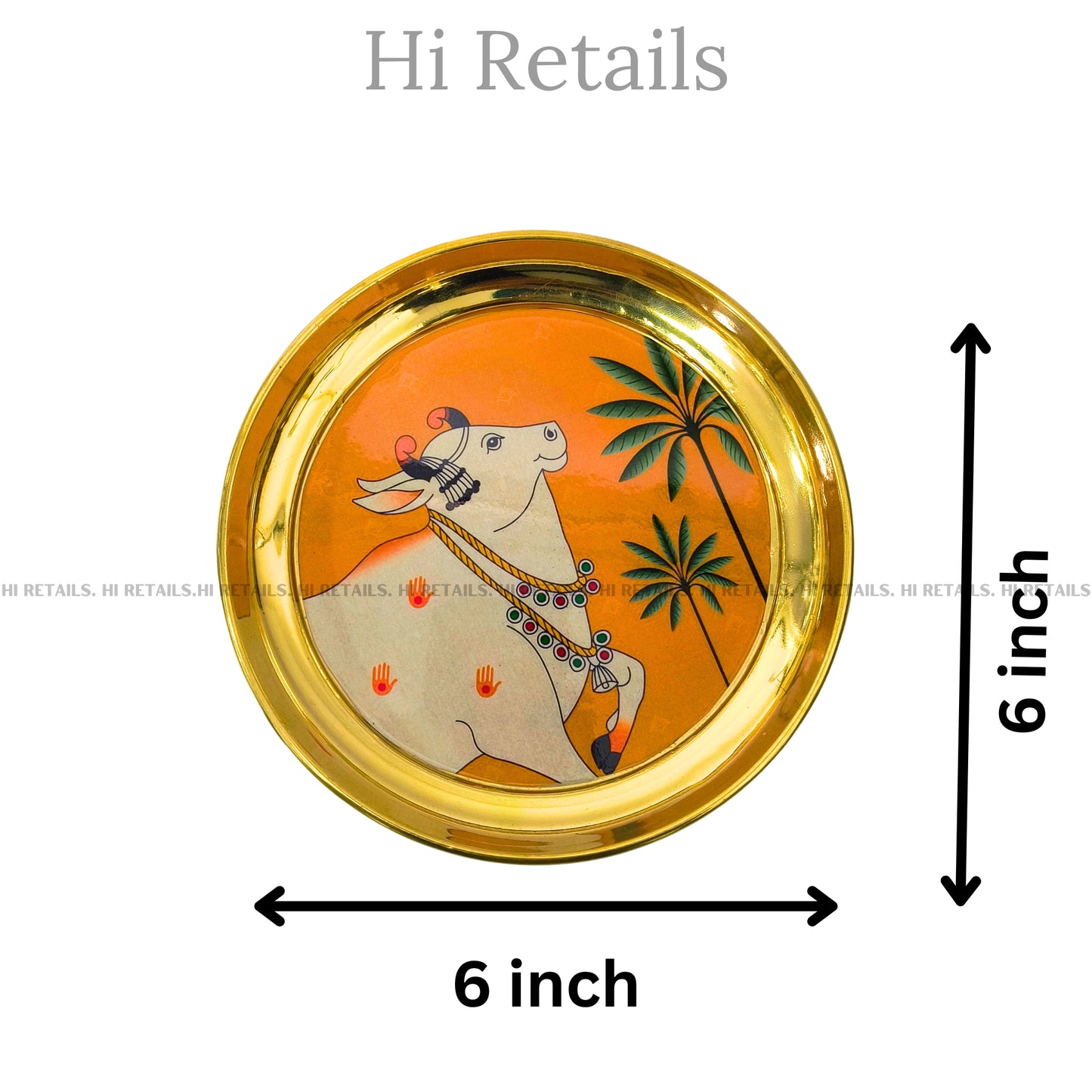 Brass Pichwai cow plate with intricate artwork, a perfect addition to your pooja room and home decor at www.hiretails.com