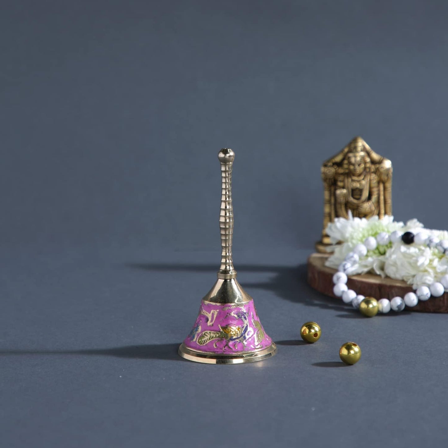 Elegant Brass Bell for Home Temple Decor with Pink and Gold Design | Spiritual Temple Bell for Pooja and Ceremonial Use at www.hiretails.com