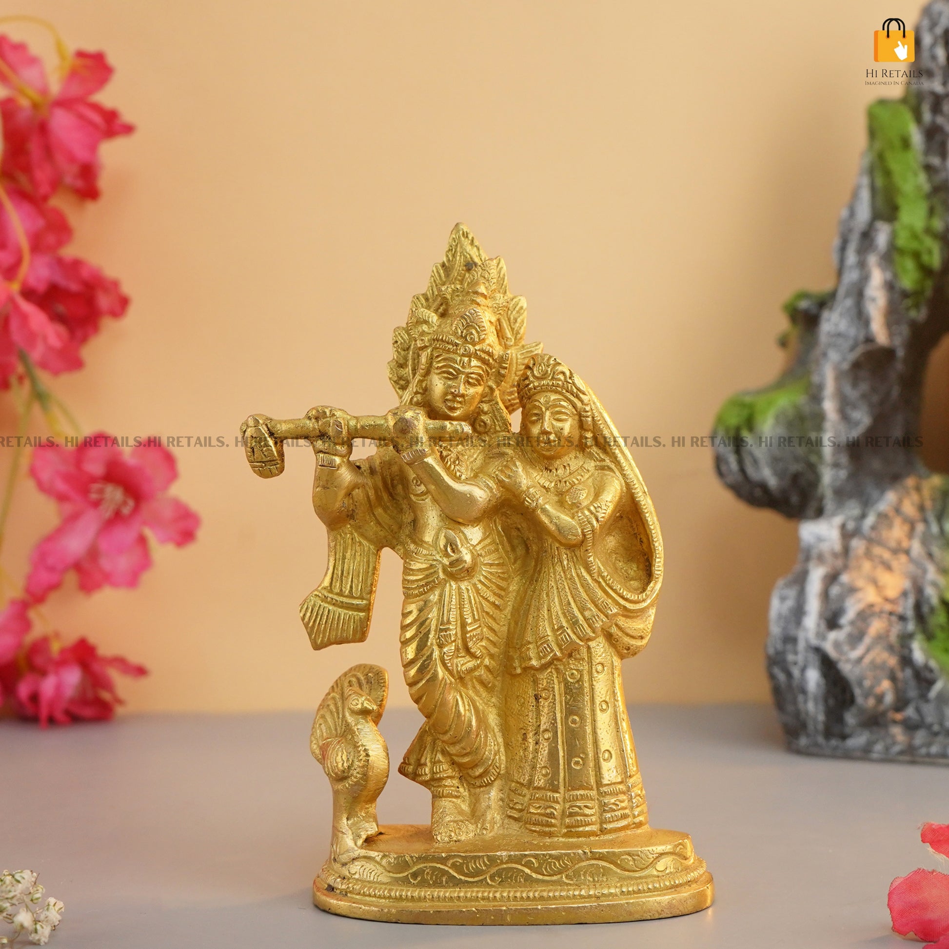 Traditional brass statue of Lord Krishna and Radha, perfect for gifting or as an elegant addition to any home decor. Available at www.hiretails.com