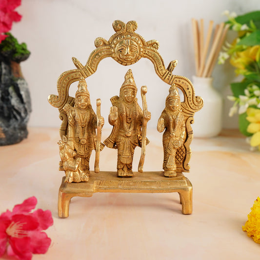 Brass Ram Darbar Idol Statue for Home Mandir Pooja, featuring intricate detailing of Lord Ram, Sita, Laxman, and Hanuman, ideal for spiritual décor at www.hiretails.com