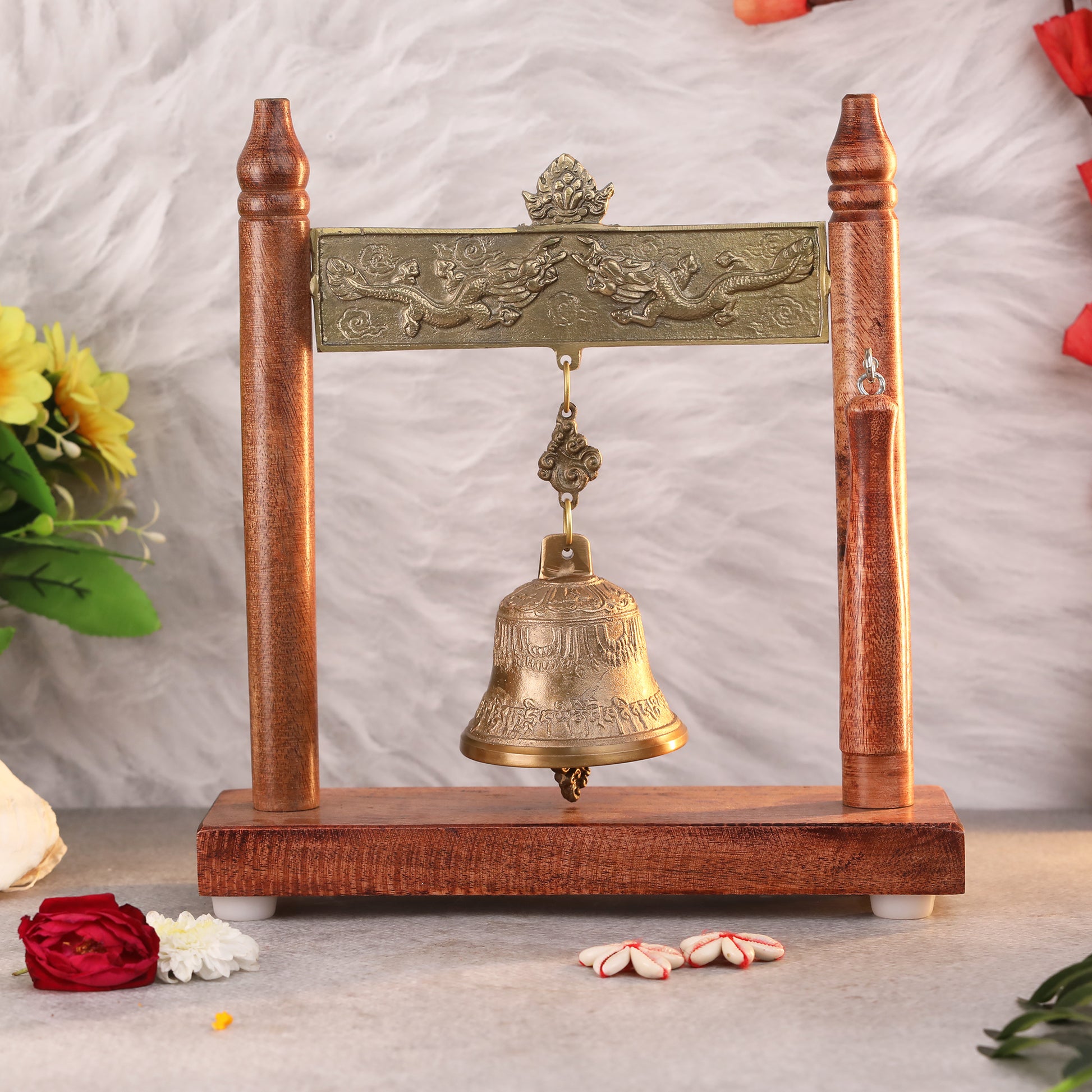 Brass Table Bell with Wooden Stand for Home and Office Decor | Traditional Decorative Bell for Spiritual and Decorative Use at www.hiretails.com