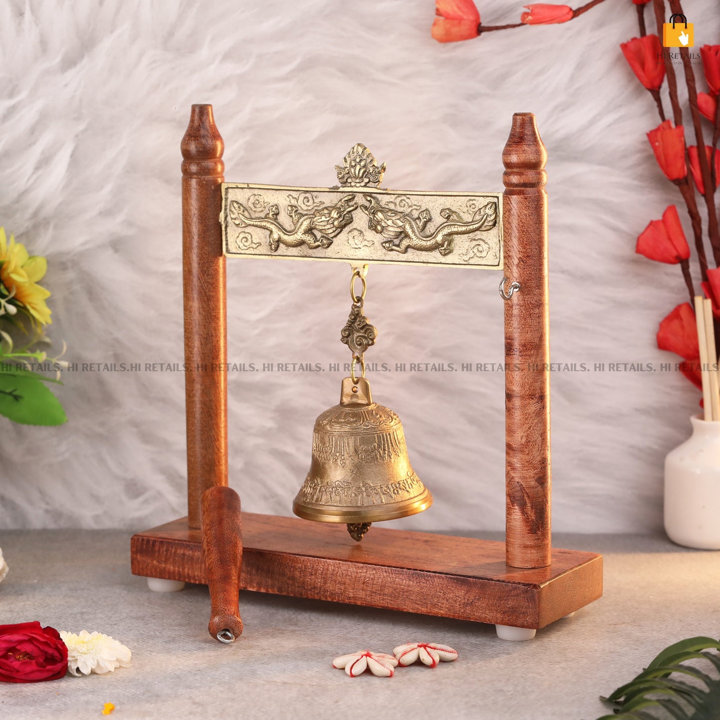 Traditional Brass Table Bell with Wooden Frame for Office and Home Temple | Unique Brass Bell for Spiritual Ceremonies at www.hiretails.com
