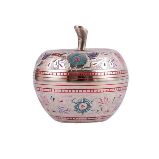 Decorative Brass Apple Shaped Dry Fruit Pot and Candle Jar, Handicrafted Meenakari Designs, White and Silver Finishes